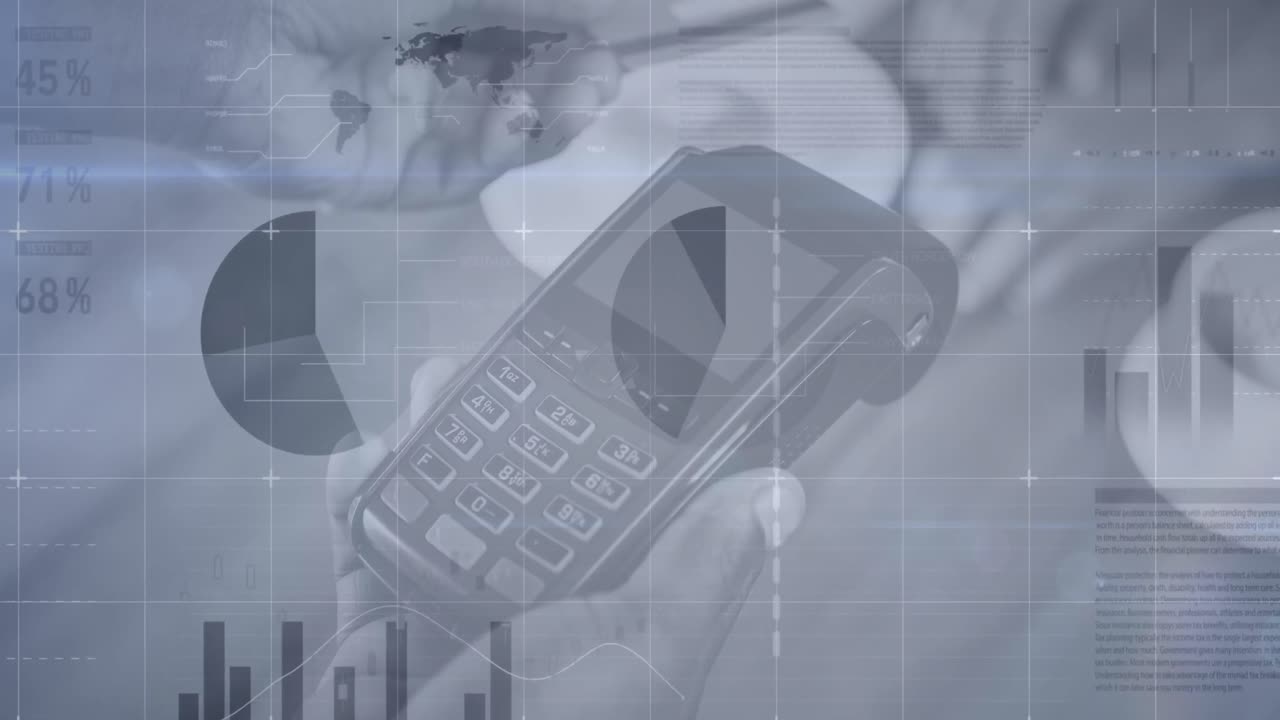 Statistical data processing against close up of person's hand using a card machine