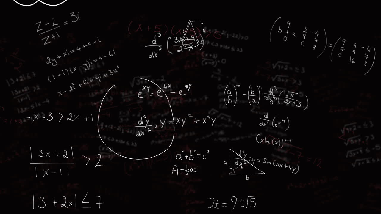 Chalk drawings of mathematical equations and geometric shapes on school blackboard