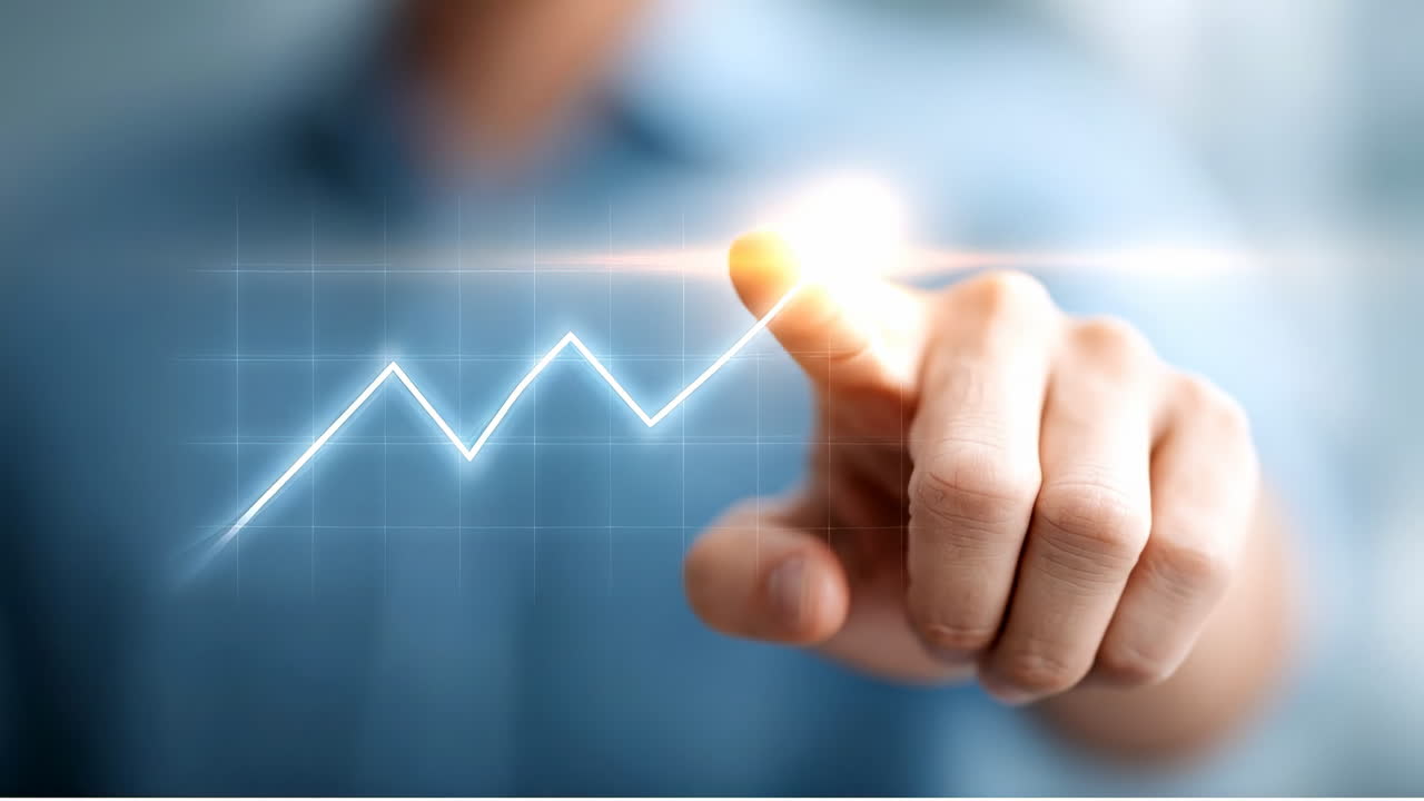 Sign of business growth. A person touches a glowing line graph, illustrating an increase in performance or success in a workspace