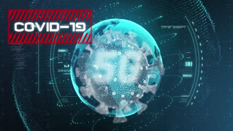 escaneo de alcance sobre texto de 5g y células de covid-19 contra globo giratorio y procesamiento de datos