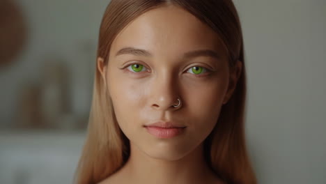 close-up portrait of a woman with bright green eyes and nose ring