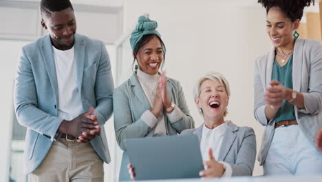 success, laptop or happy senior manager winning