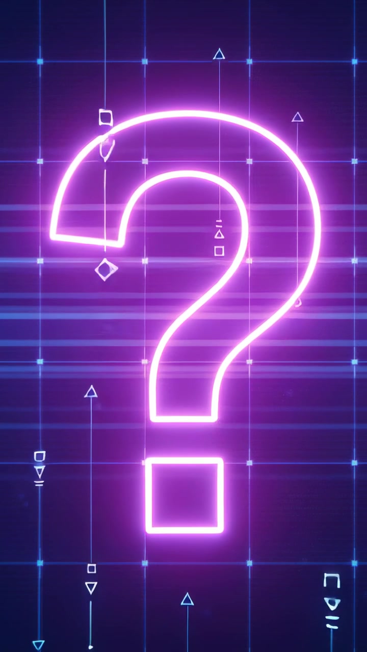 Vertical video: Pulsing neon question mark on blue grid with square dot and moving glyphs