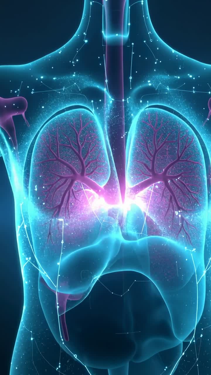 Video verticale: Torso 3D che si avvia con bronchi magenta pulsanti che brillano in un laboratorio buio, mostrando polmoni e linfonodi.