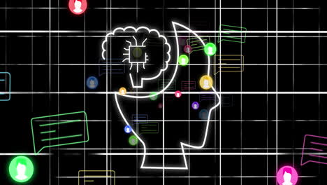 animation of ai chat and data processing over human head and grid