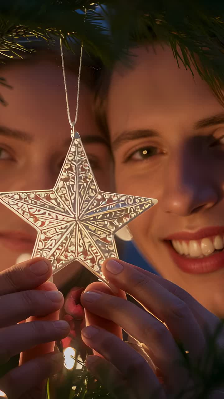 Vertical video: Holding star, pair decorating fir branch by placing star at home, lights glowing