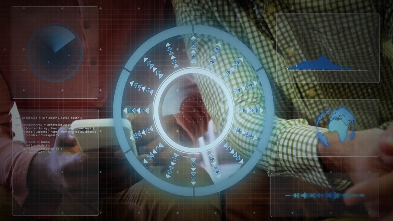 Two men working, reviewing technology, tapping phone, leaning, activating holo UI rings and graphs