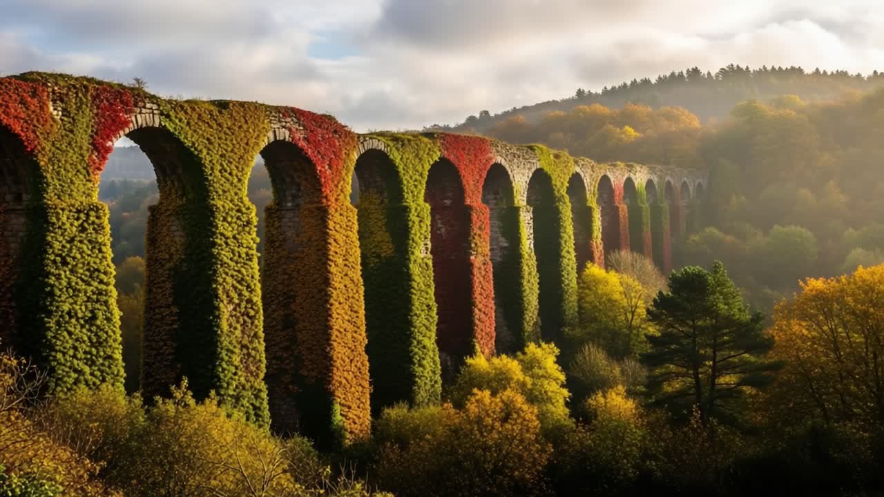 A Majestic Viaduct Covered in Colorful Foliage Reflects the Beauty of Nature's Seasons Amidst a Serene Landscape