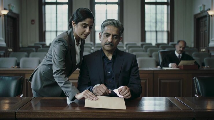 Leaning grey-suit lawyer whispering to defendant in courtroom placing envelope over cuffs for court