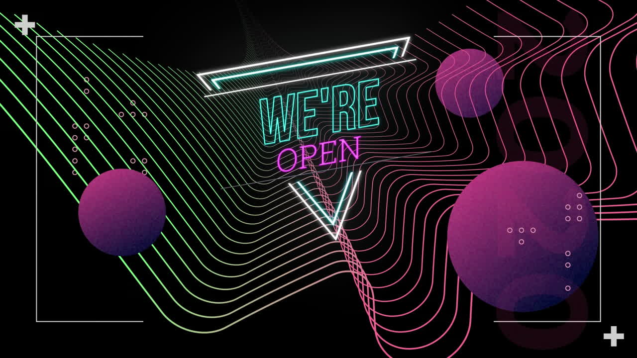 Animazione di testo al neon 'siamo aperti' su sfere viola e connessioni