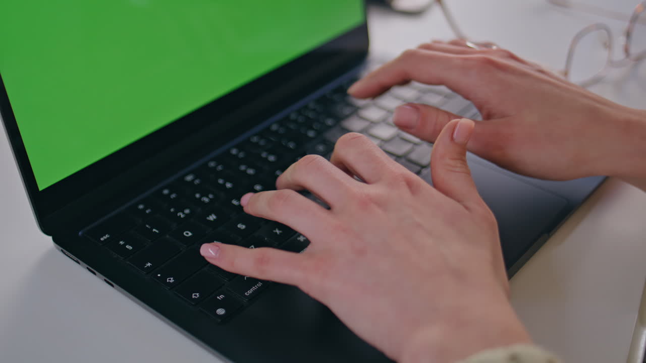 Manager hands working mockup computer indoors closeup. Woman typing laptop email