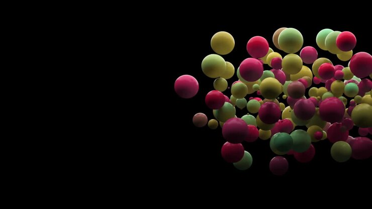 Animazione di sfere multicolori e spazio per il testo su sfondo nero.