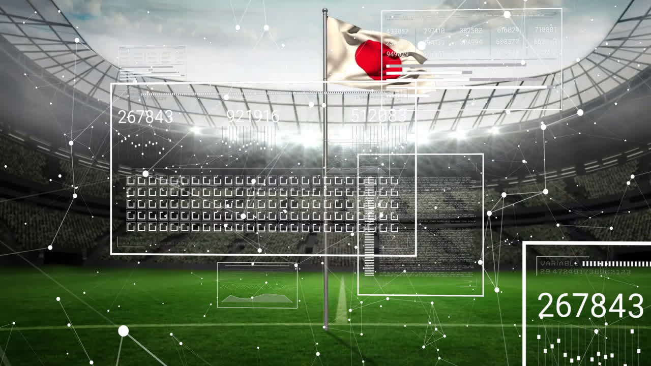 In stadium, Japanese flag waving with animation of digital data connections