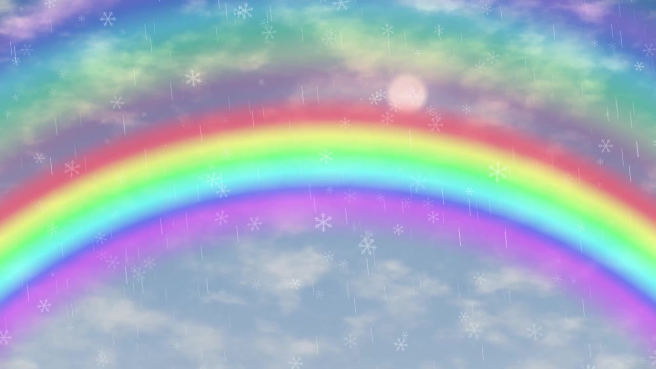 Animated Rainbow with Falling Snowflakes and Rain Against a Cloudy Sky