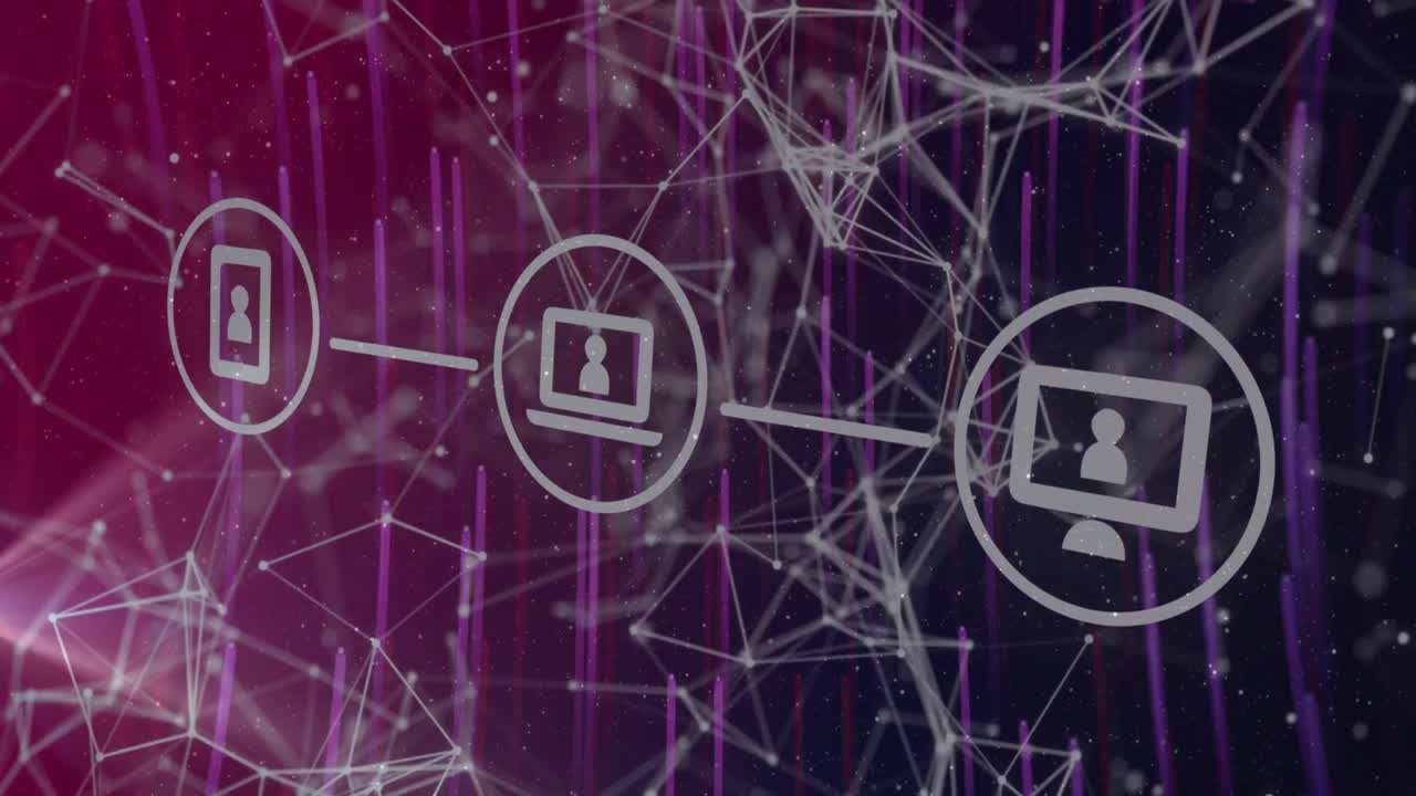 animación de la red de conexiones con iconos tecnológicos sobre fondo púrpura