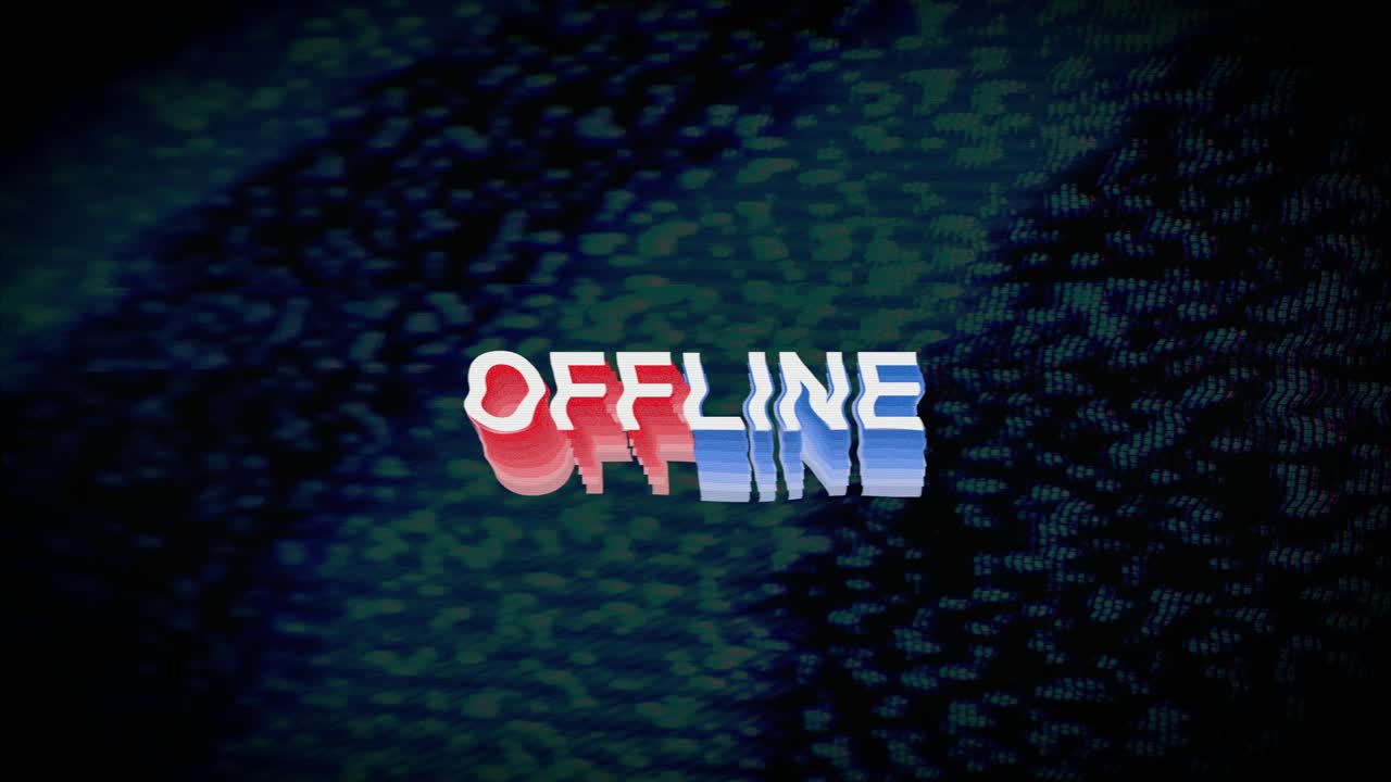 La parola Offline visualizzata su schermo TV con effetto glitch e rumore statico