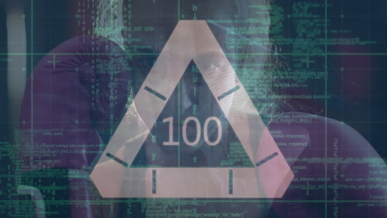 Animation of data processing and triangle over caucasian woman boxing