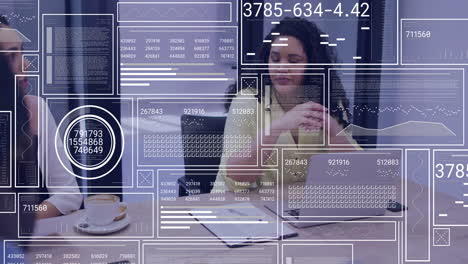 animation of data processing and diagrams over diverse colleagues talking
