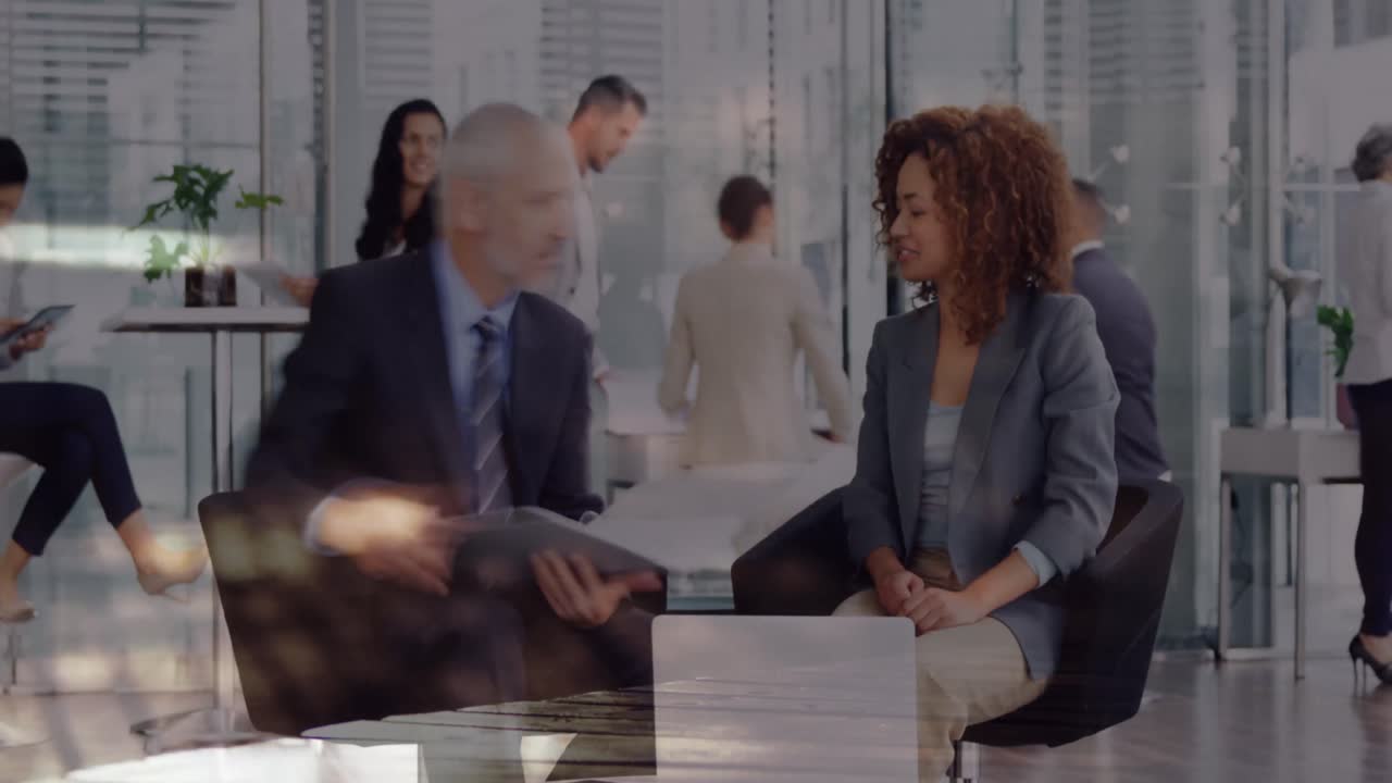 Animation of timelapse with people over diverse coworkers using laptop in office
