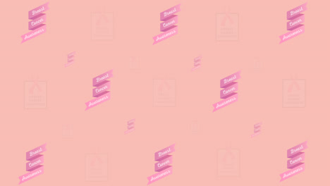 animation of multiple pink ribbon logo and breast cancer text glowing on pink background