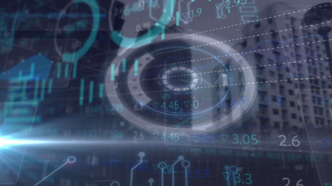 procesamiento de datos del mercado de valores y escáner redondo contra edificios altos en el fondo