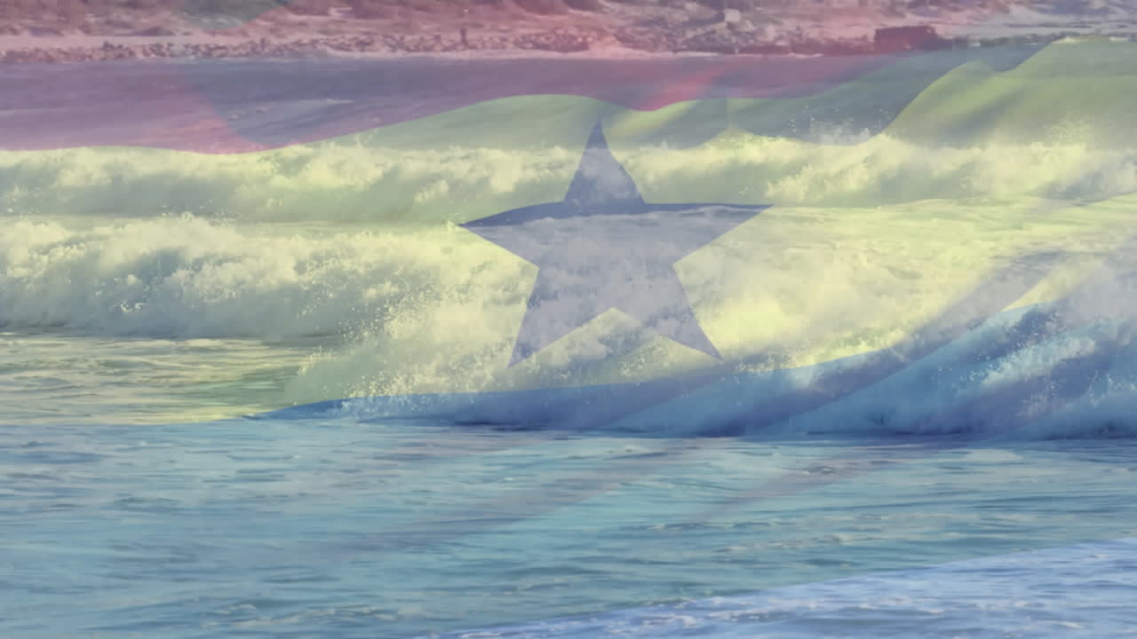 animación de la bandera de ghana soplando sobre las olas en el mar