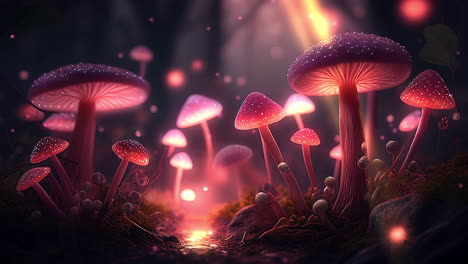 Animation-of-magical-fairy-tale-forest,-colorful-animation-of-fantasy-landscape-with-a-red-mushrooms,-misty-and-dreamy-atmosphere,-fairy-tale-magic,-enchantments-and-mythical-concept