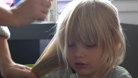 getting ready for kindergarten, daily family routine, stressed mother combing hair of young girl