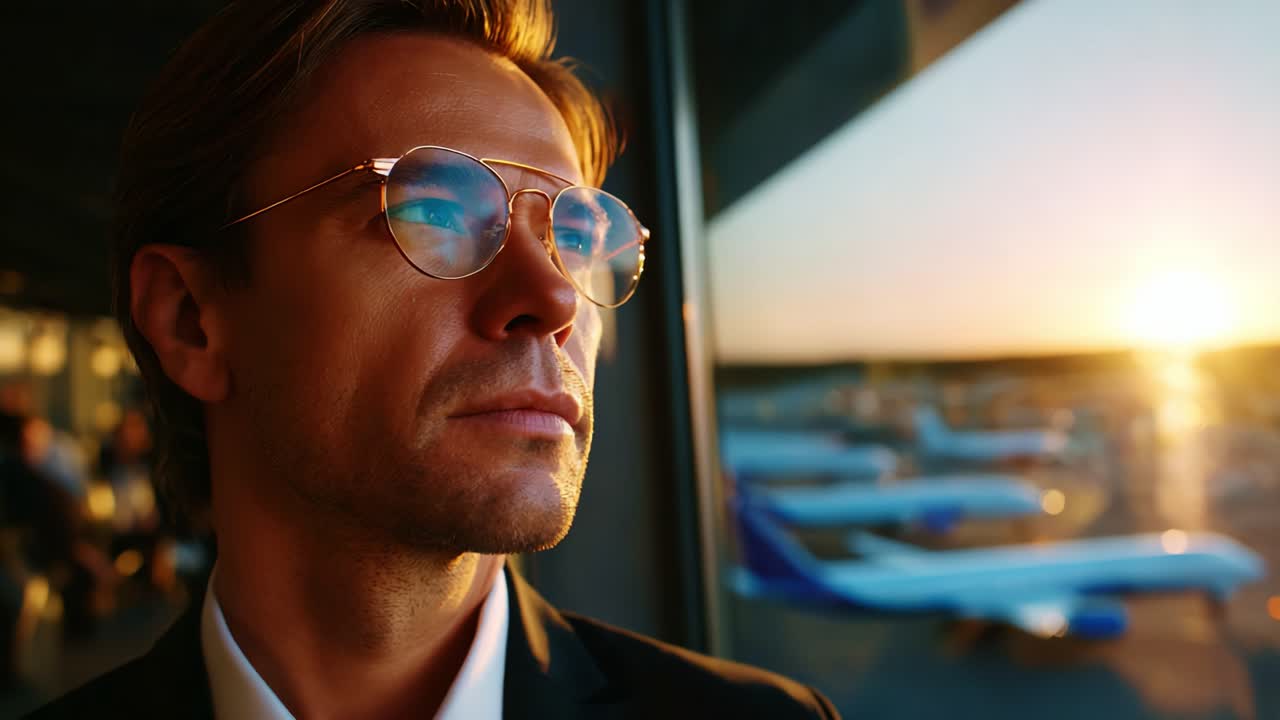 A Thoughtful Traveler Contemplating the Sunset at an Airport, Wearing Stylish Glasses, Surrounded by Airplanes Ready for Departure, Symbolizing Journey, Adventure, and New Beginnings in Life