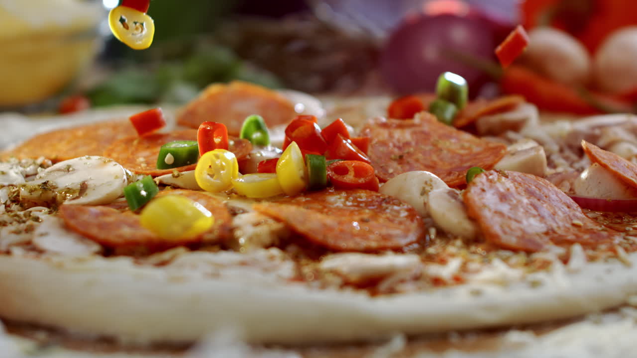 Ingredienti per la pizza che cadono su una pizza