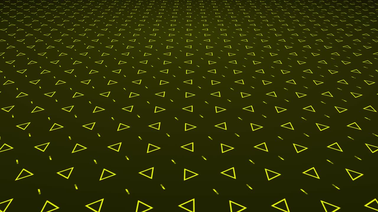 Stroked pentagonal triangles with moving lines and geometric pattern shapes positioned on 3D angled plane amid dark gradient background drifting through space visual effect graphics gold yellow