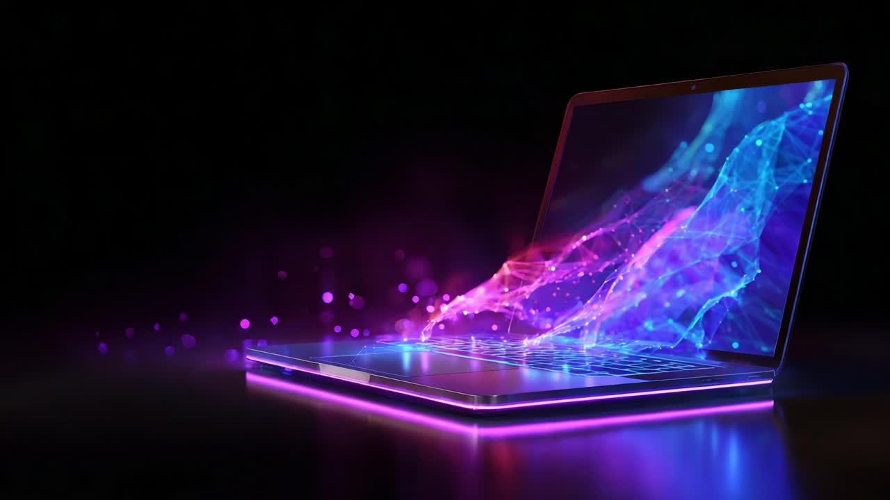 A stunning visual representation of a glowing laptop that artistically showcases the interplay of vibrant colors and digital motifs, evoking a sense of modern technology and futuristic design