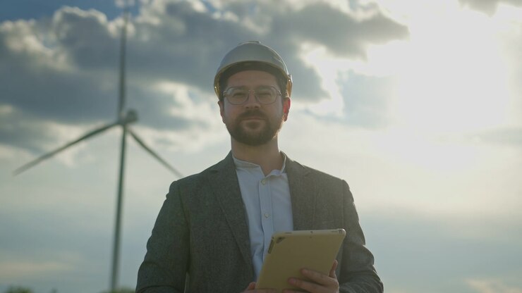 Man in hard hat and suit holding tablet computer in front of wind turbines against cloudy sky