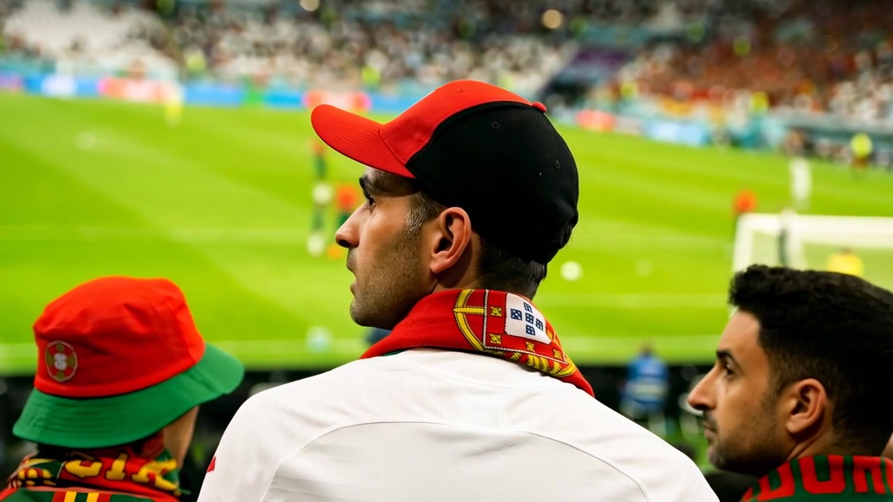 Tifoso al centro con la maglia bianca, cappellino rosso-nero e sciarpa rossa che si gira, guardando il gioco avvicinarsi alla porta a bordo campo.