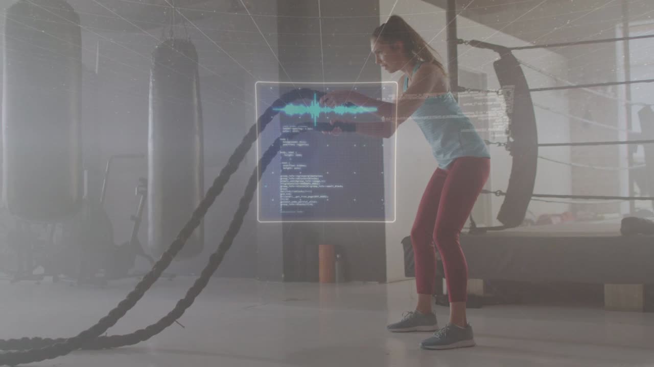 Adult woman starting rope waves in gym, AR HUD pulsing target, tracking fitness metrics around her