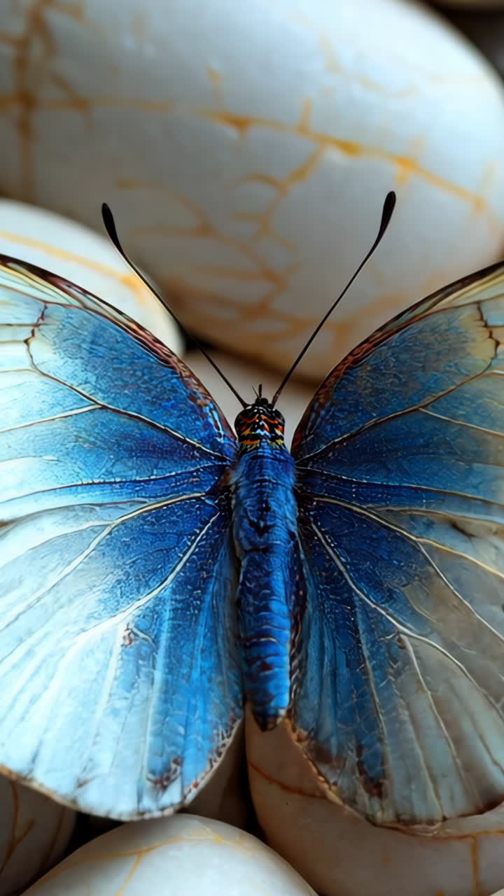 Three butterflies are sitting on a white rock. The butterflies are orange, blue, and red. Concept of peace and tranquility, as the butterflies are resting on the smooth surface of the rock