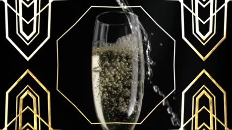 Animation-of-gold-pattern-over-glass-of-champagne-on-black-background