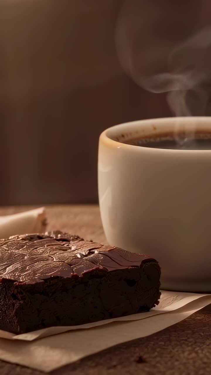 Vertikal video: Kamera panorerer over brownie og hvidt krus, der står på bordet, damp stiger op for at skabe en hyggelig scene