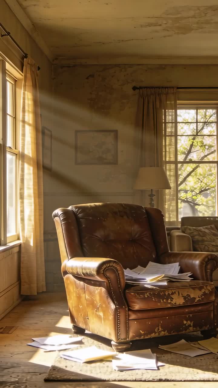 Vertical video: Streaming sunlight causing camera panning across worn chair, showing papers at home