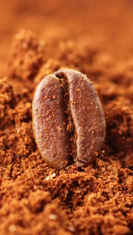 vertical macro shot of coffee bean with brown coffee ground powder sprinkling