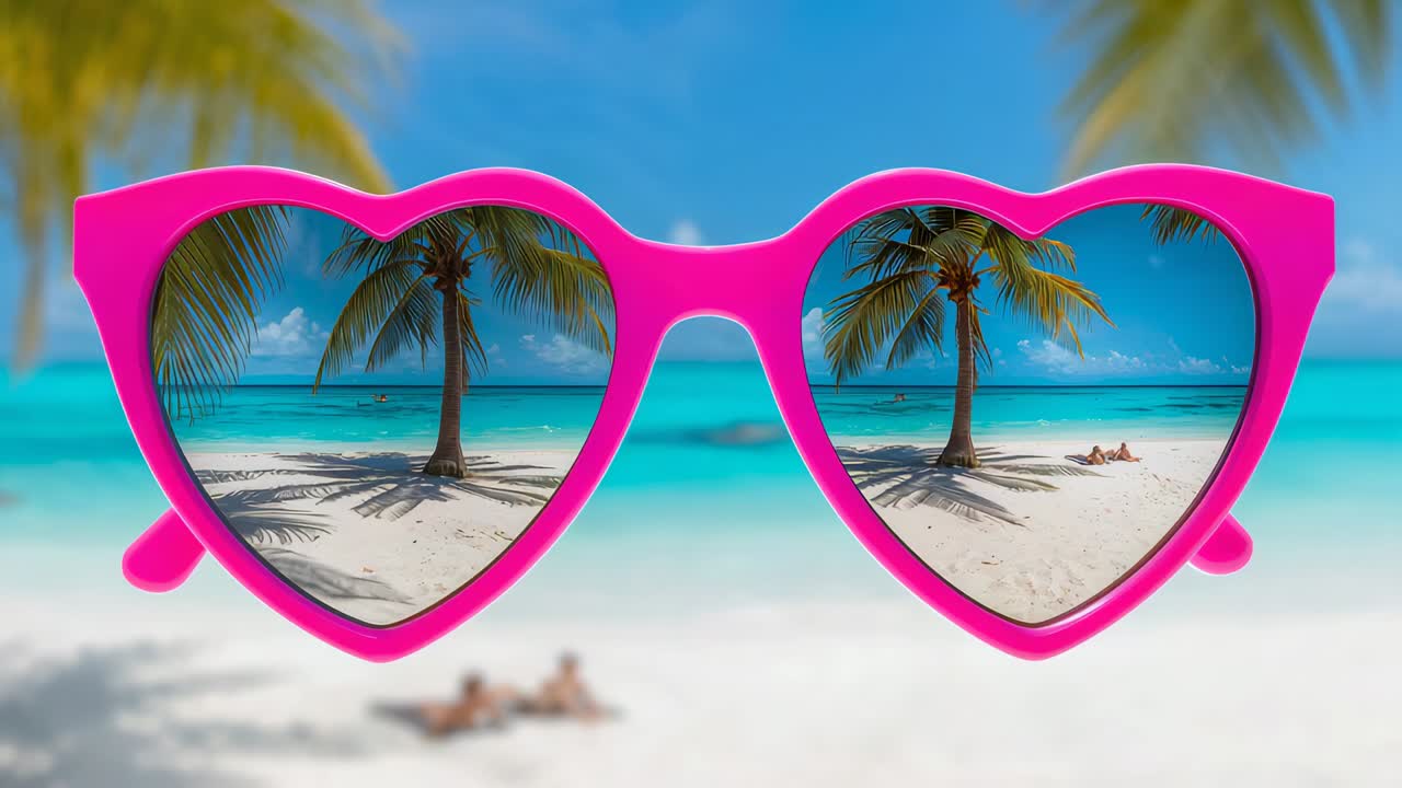 Mostrando unas gafas rosas en forma de corazón que enmarcan una palmera en la playa mientras la brisa balancea a una pareja en traje de baño descansando