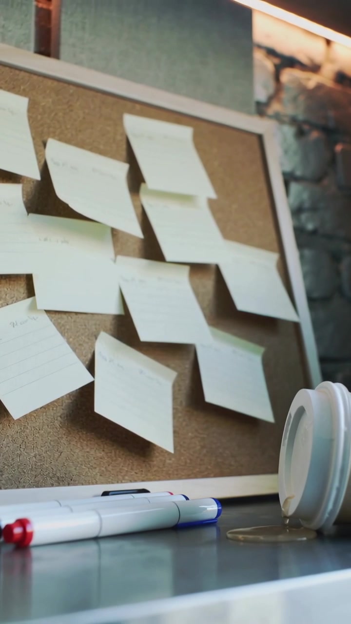 Vertikales Video: Eine umkippende Kaffeetasse verschüttet Kaffee auf einem Bürotisch und durchnässt Marker neben einer Notiztafel.