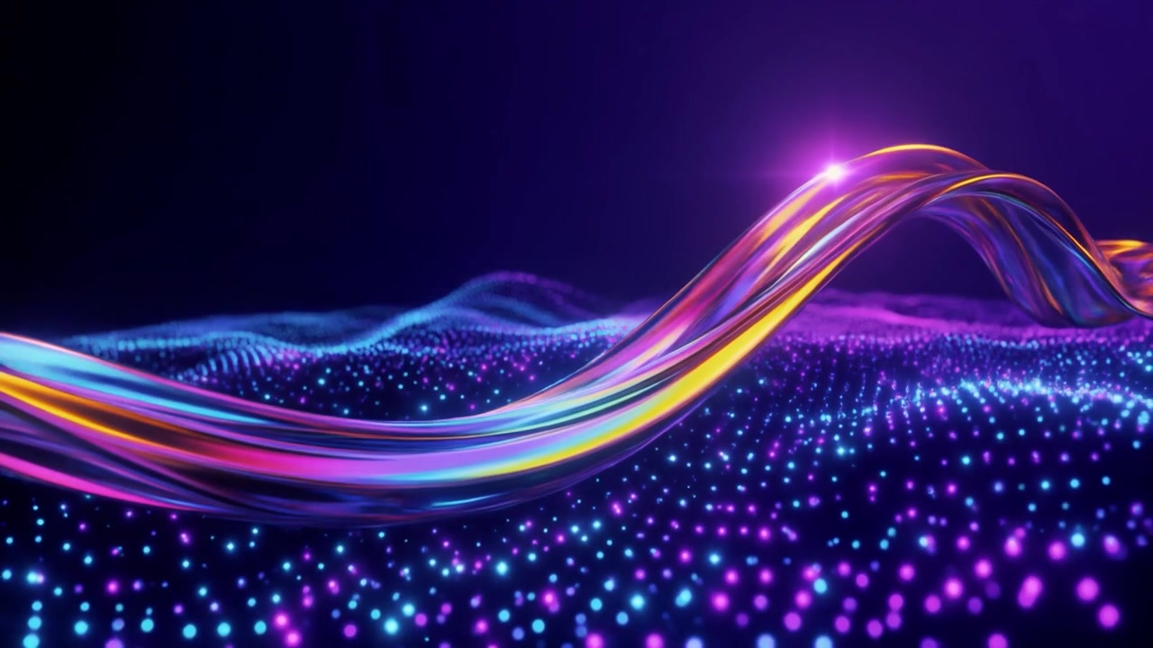 Vibrant Neon Ribbon Flowing Over Shimmering Digital Particles