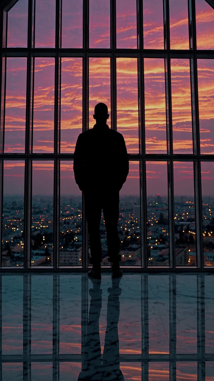 Hombre de pie en silueta mirando el horizonte de la ciudad durante el atardecer.