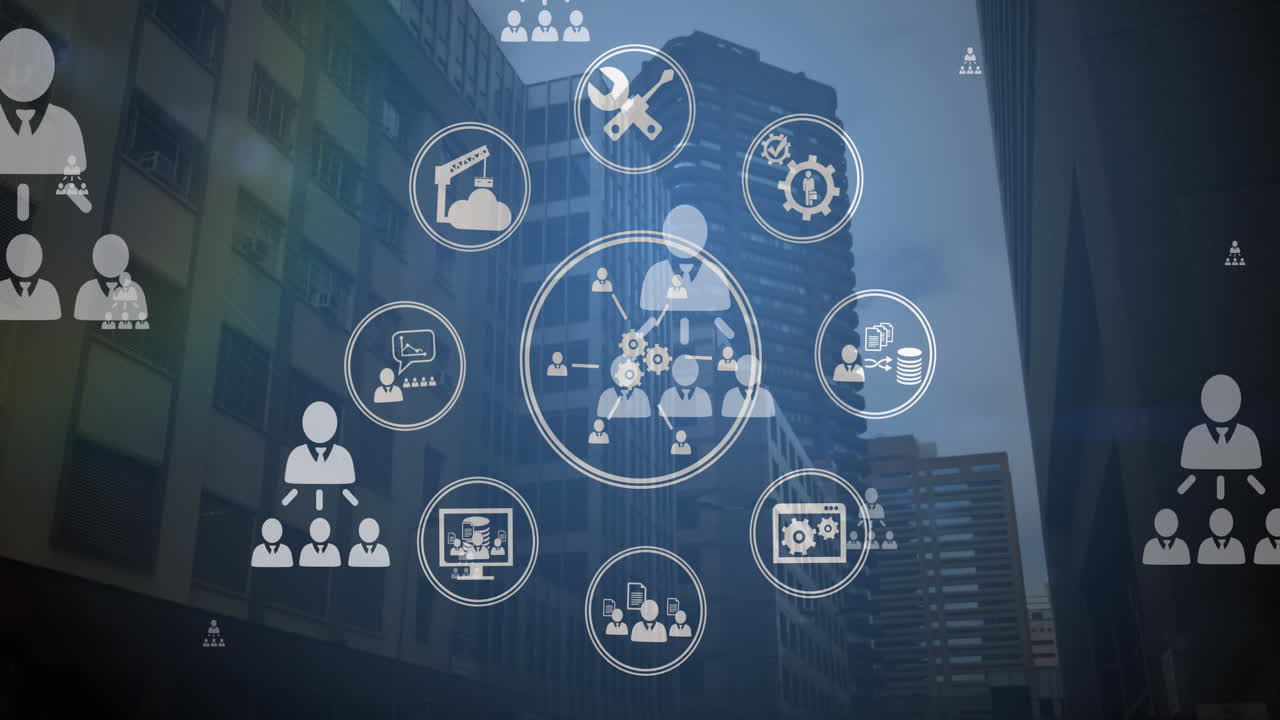 анимация обработки данных над городским пейзажем