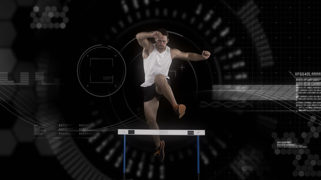 atleta saltando sobre un obstáculo contra el fondo animado