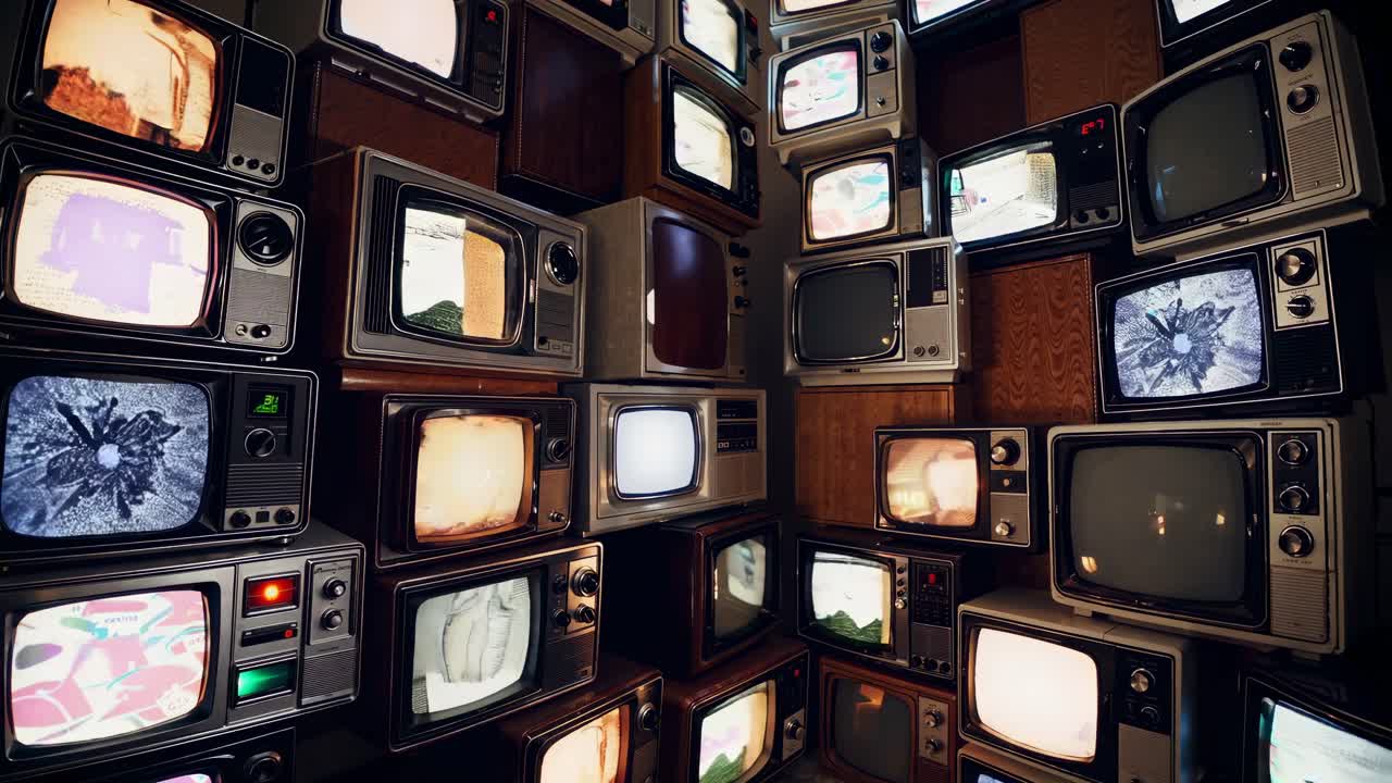 Staré televizory naskládané v tlumeně osvětlené místnosti zobrazují statické video.