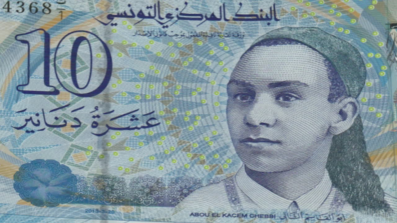 Tunisian 10 Dinar Banknote with Portrait of Abou El Kacem Chebbi on Green Screen