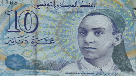 tunisian 10 dinar banknote with portrait of abou el kacem chebbi on green screen