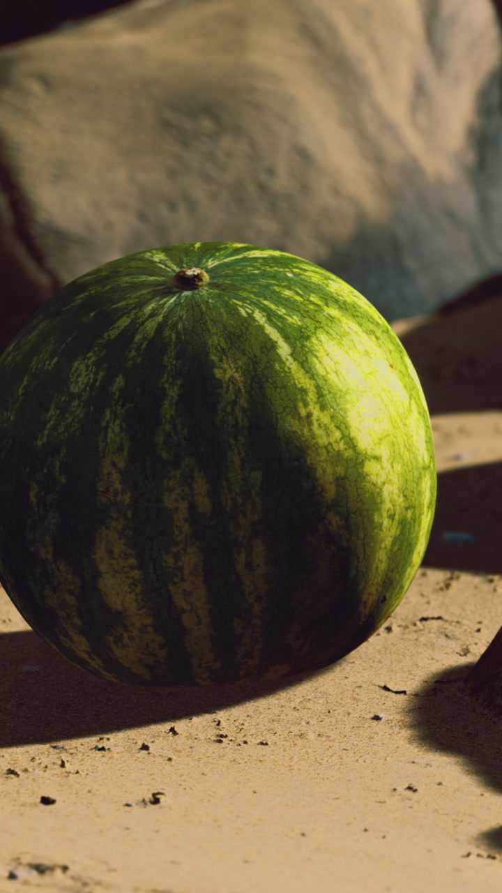 Watermelon lying on sandy ground under bright sunlight in outdoor setting